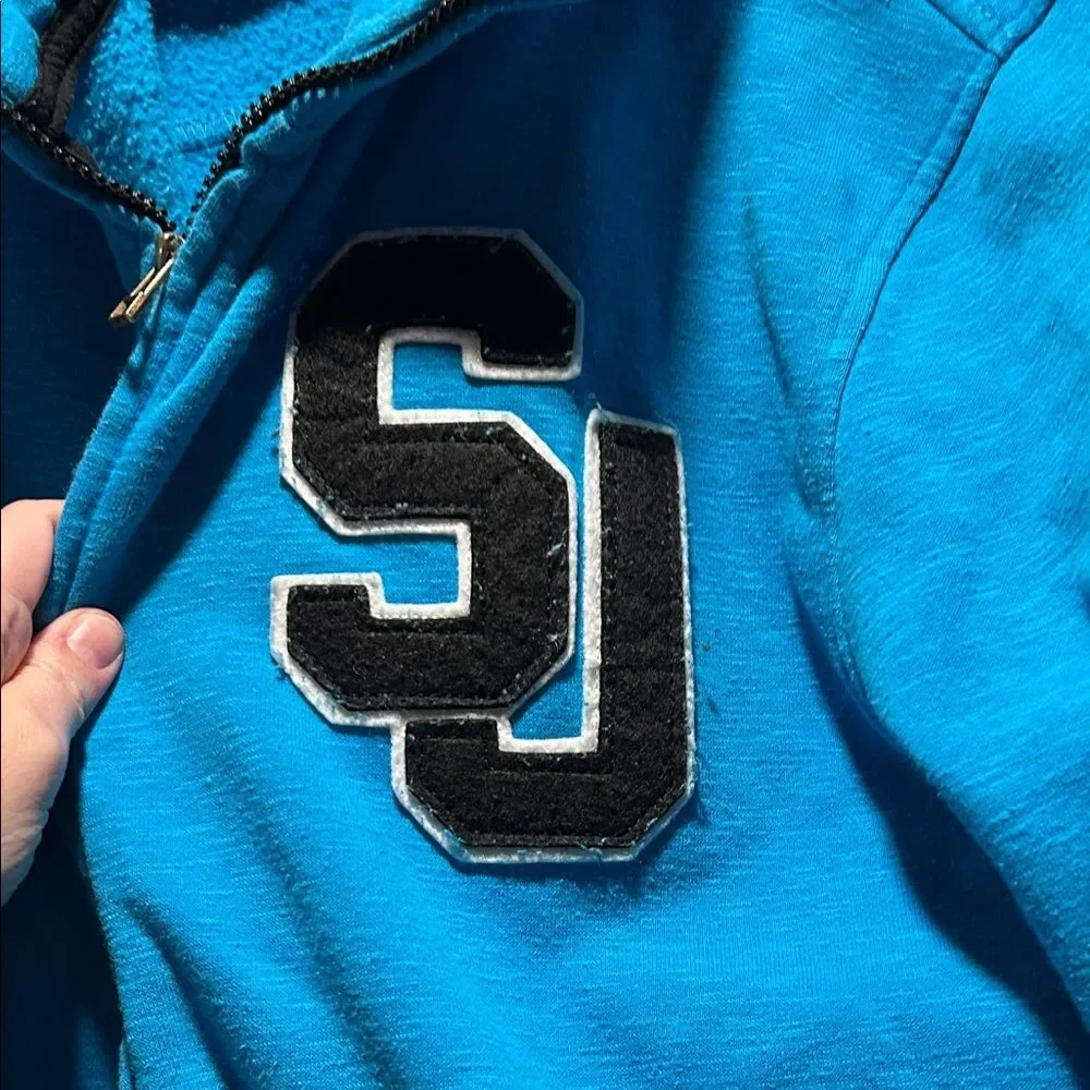 Sean John Bright Blue Varsity Zip-Up Bomber Jacket with Black & White Trim